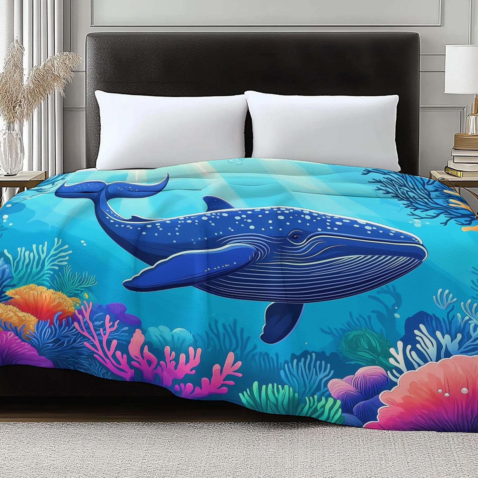 Meeresleben, wieloryby, koralowy, puszysty koc niebieski, 180 x 200 cm, miękki koc polarowy z mikrofibry, ciepły koc dzienny Sherpa, koc dzienny, jako narzuta na sofę, do salonu