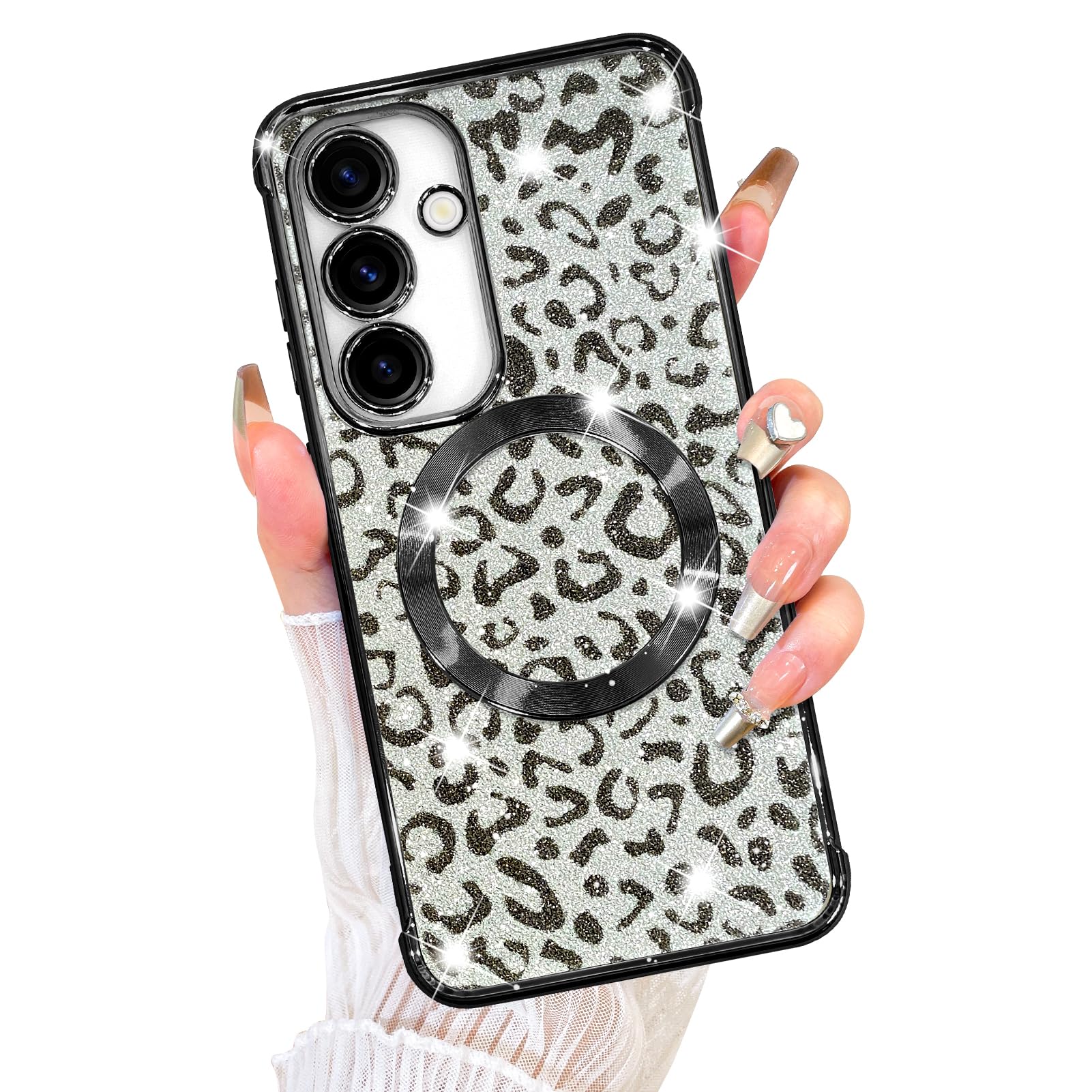 Fiyart Designed for Samsung Galaxy S23 FE Case,Compatible with MagSafe Cheetah Print Plating Camera Protection Clear Magnetic Glitter Leopard for