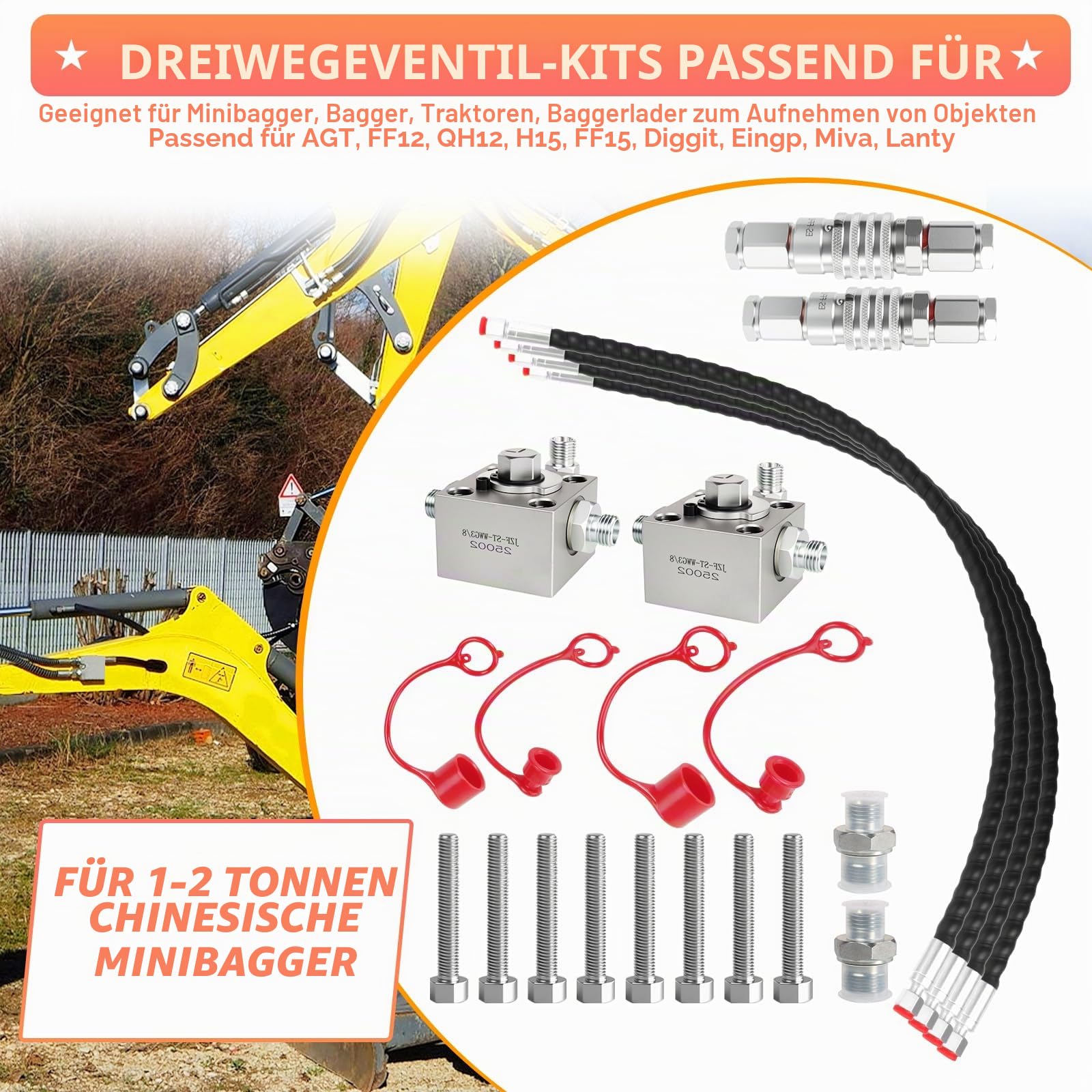 2-teiliges 3-Wege-Hydraulik-Umstellventil-Set – kompatibel mit 1–2 Tonnen Minibaggern, inklusive Schnellverbindungen, 78,7 cm flexiblen Schläuchen und M14 Hydraulik-Anschlussblock, komplettes Set