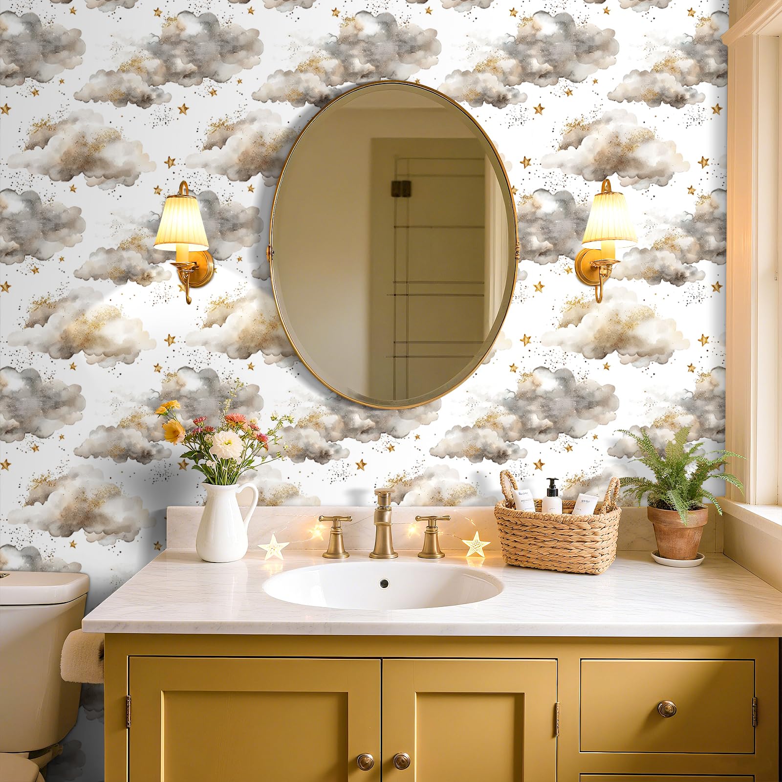 FunStick Peel and Stick Wallpaper Grey and White Kids Clouds Stars Fantasy White Vinyl Wrap for Kitchen Cupboards Watercolour Cloud and Star Wallpaper Bedroom Sticky Back Plastic Grey Clouds 44.5CM×3M - Image 3