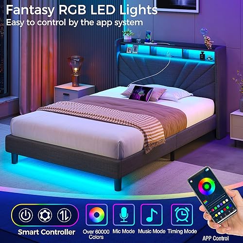 Miniatura 4 de Rolanstar Base de cama tamaño individual, cabecera de almacenamiento con estación de carga y luces LED, cama tapizada con listones de madera