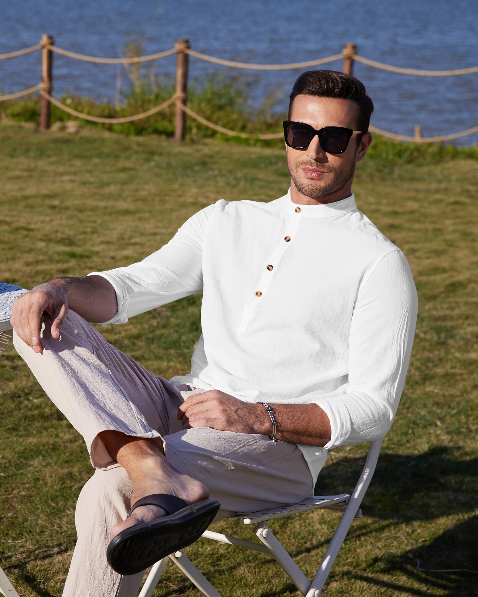 YAOBAOLE Chemise Lin Homme Manches Longues Été Mao Décontractée Henley Shirts de Plage Classique