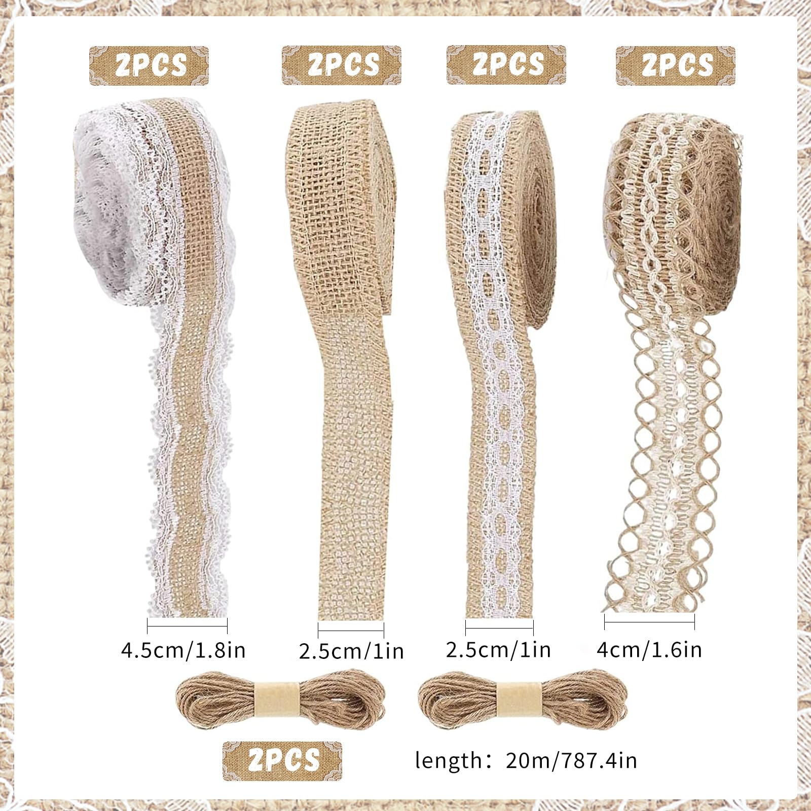 10 m de ruban en jute avec dentelle 13 m de ruban blanc vintage 50 m de ficelle de jute naturelle, ruban décoratif en dentelle pour emballage cadeau de mariage