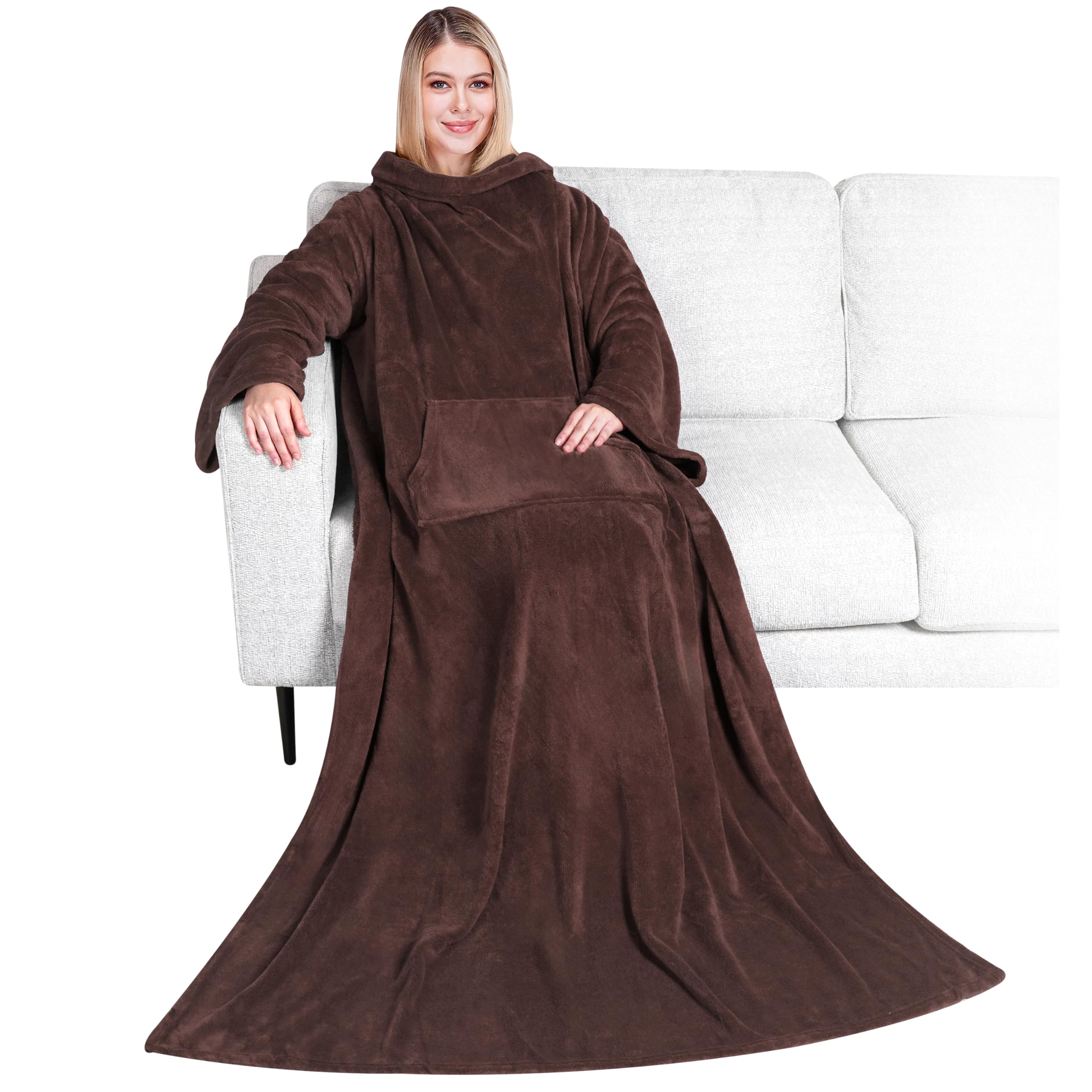 Premium Fleece Blanket with Sleeves for Adults, Women, Men, Warm, Cozy, Extra Soft, Microplush, Functional, Lightweight Wearable Throw (Brown, Kangaroo Pocket)