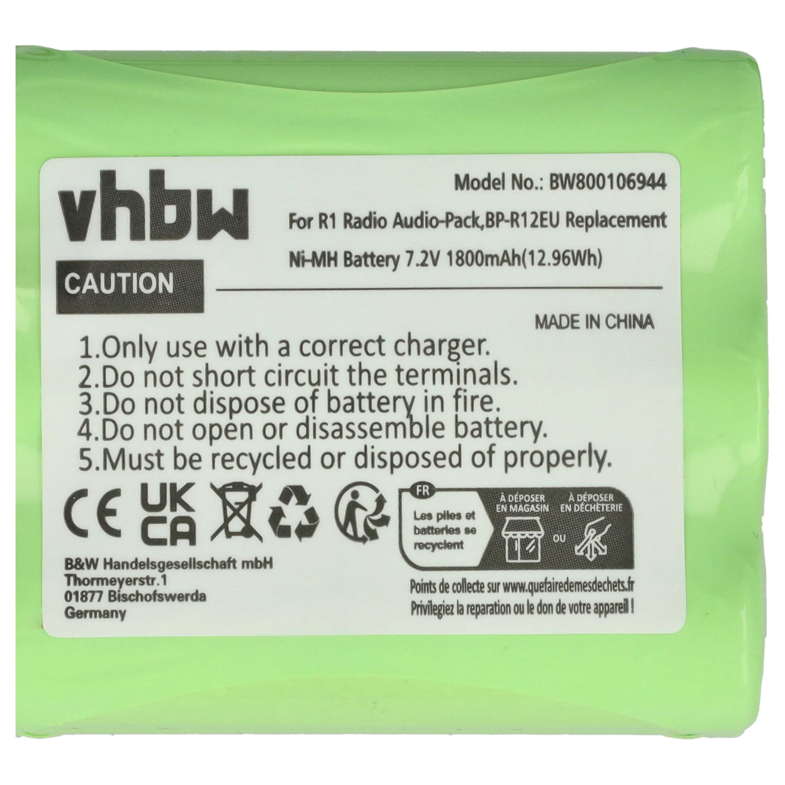vhbw batteria sostituisce Teac BP-R1, BP-R12EU, BP-R1EU, BP-R2, BP-R5 per digital radio (1800mAh, 7,2V, NiMH)