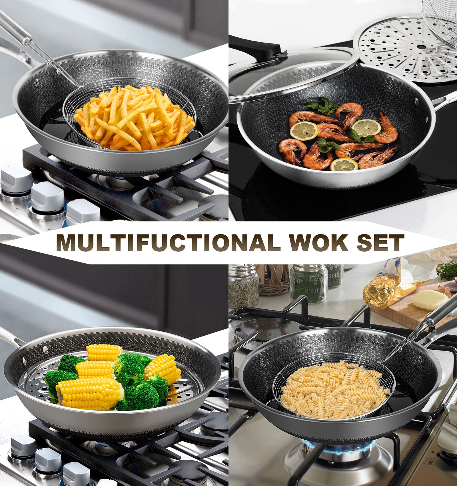 Buy MICHELANGELO Wok Pan with Lid, Stainless Steel Wok 12 Inch, Woks