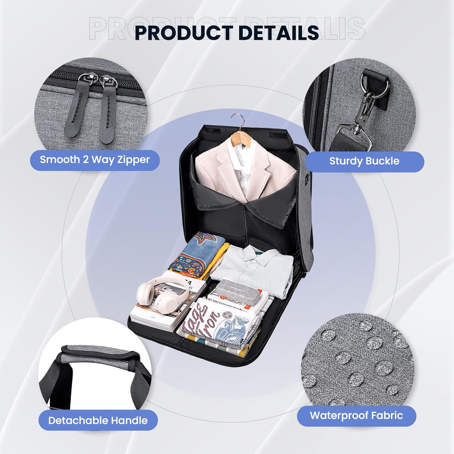 Garment Bags for Travel, Double Layered Carry on Garment Bag with Shoulder Strap, Foldable Suit Travel Bags for Men, Wrinkle Free Garment Travel Bag for Hanging Clothes, Dark Grey - Image 5