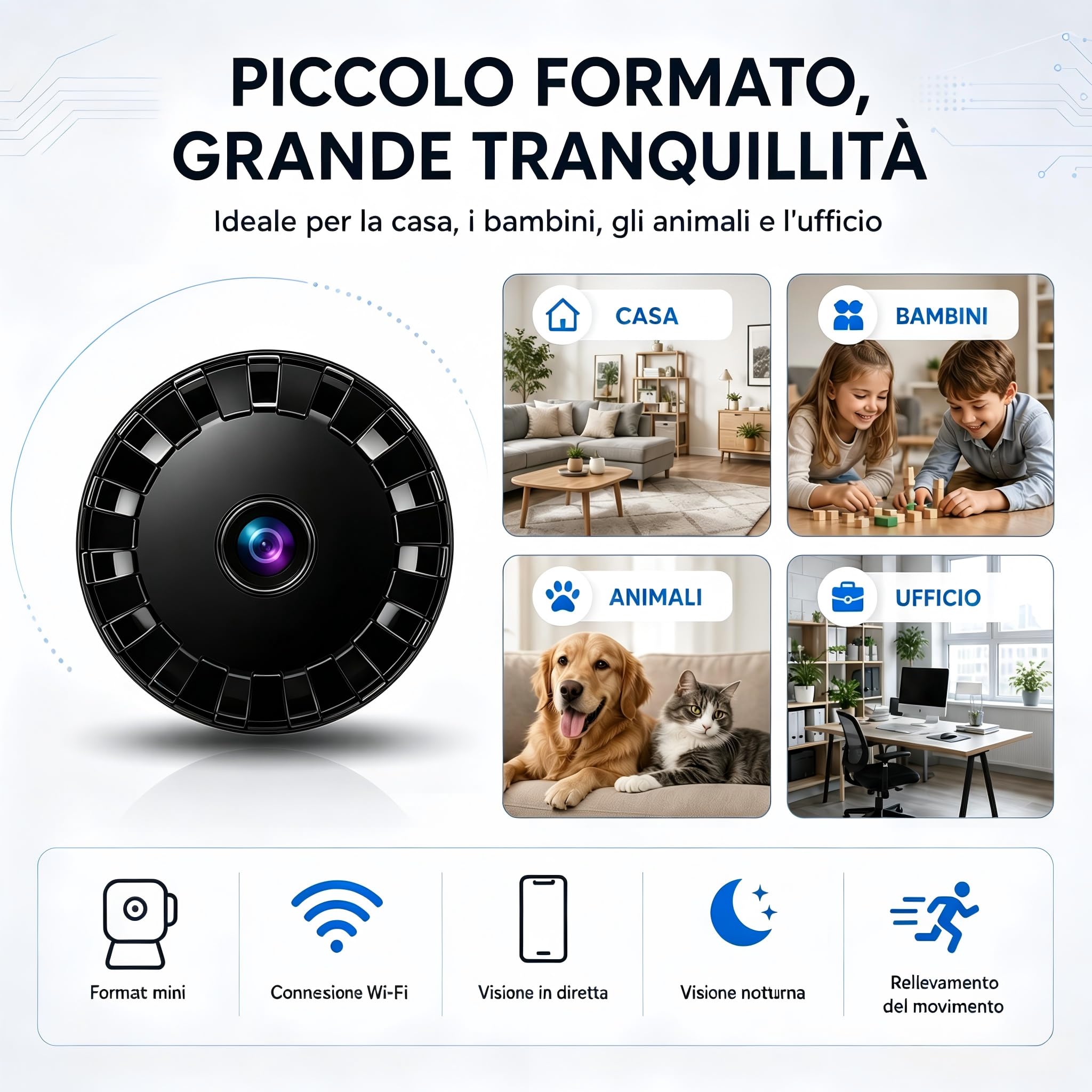 2026 Mini Telecamera Spia WiFi Interno/Esterno, 1080PVideocamera Sorveglianza, Visione Notturna, Rilevamento di Movimento, Controllo Remoto Con App per Casa/Bambini Crystal Green L/X I