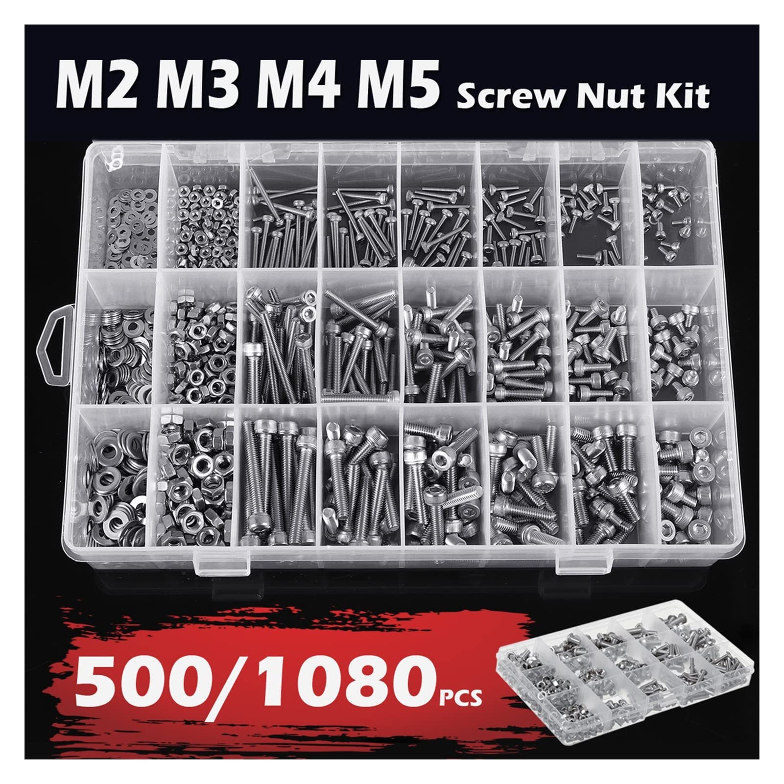 yaoqijie 500/ 1080pcs M2 M3 M4 M5 Juego de tornillos de zócalo hexagonal de acero al carbono Tornillos de cabeza redondos planos Tornillos de tornillos y tuercas Kit de surtido con caja de almacenami