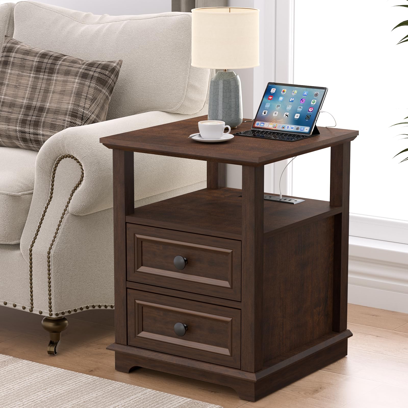 REDAYFUR 24" Tall End Table with Charging Station &amp; 2 Drawers | Double 18W Fast Charge, Large 18" Bedside Table, Open Shelf, Living Room, Bedroom, Home Office