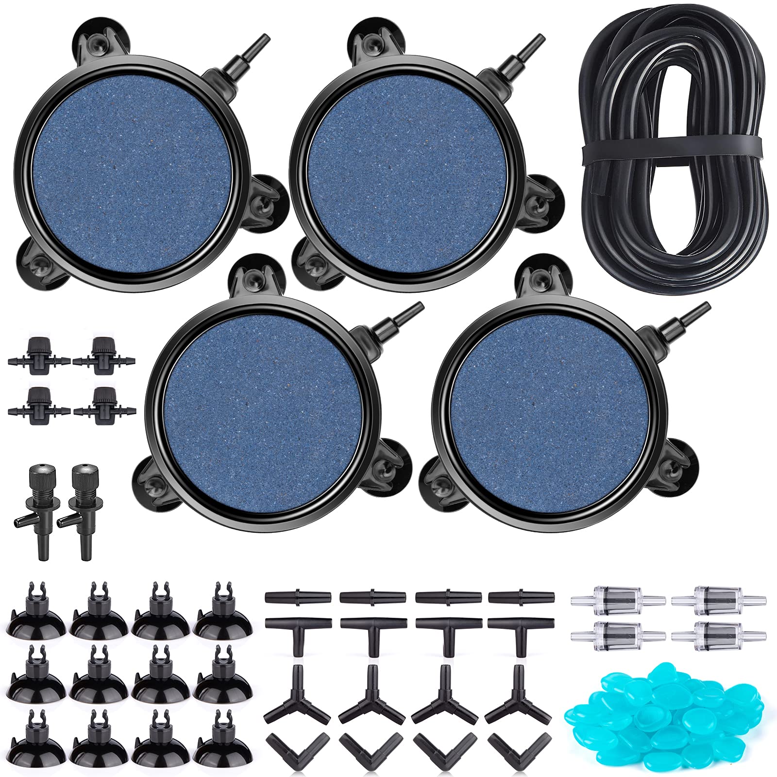 101 PCS 4 Inch Air Stone Disc Bubble Diffuser with Sucker, 52 ft Silicone Airline Tubing with Air Pump Accessories, 4 Control Valve,4 Check Valves, 12