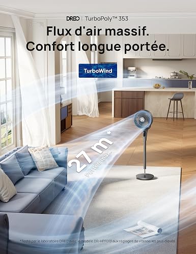 DREO Ventilateur sur Pied Silencieux pour Chambre [Amélioré], Flux d’Air 27m, 20dB, Oscillation 90°, Moteur DC, 8 Vitesses, 3 Modes, Hauteur 96–106 cm, Minuterie 8H, Inclinaison 105° - 2