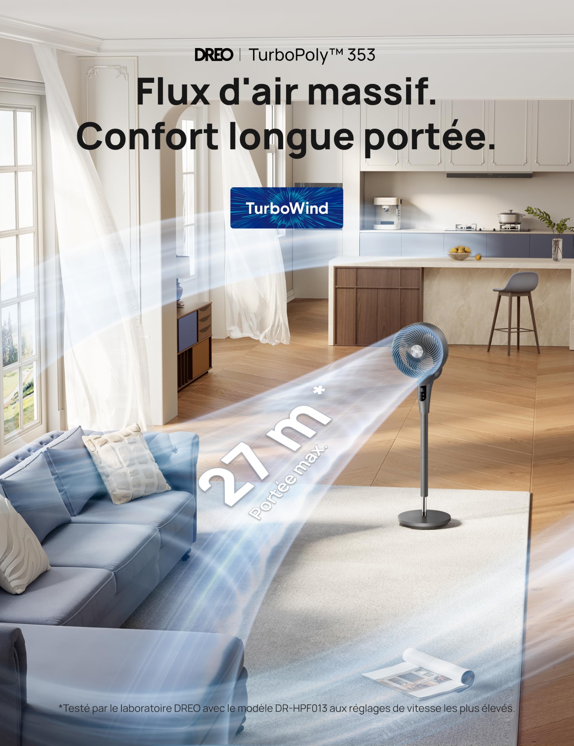DREO Ventilateur sur Pied Silencieux pour Chambre [Amélioré], Flux d’Air 27m, 20dB, Oscillation 90°, Moteur DC, 8 Vitesses, 3 Modes, Hauteur 96–106 cm, Minuterie 8H, Inclinaison 105°