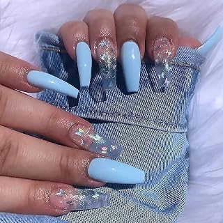 BABALAL Long Coffin Fake Nails Butterfly Ballerina False Nails Blue Press on Nails Glossy Acrylic Nail Tips with Design for Women and Girls