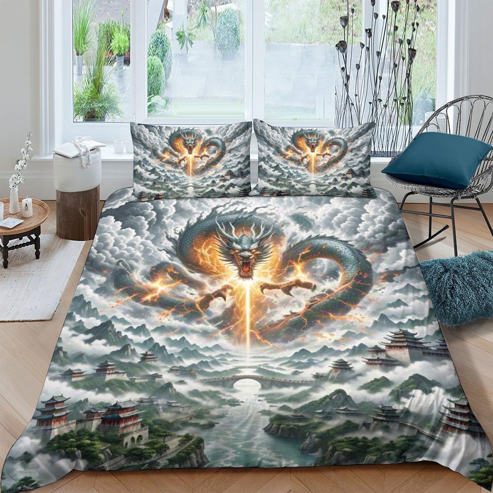 Ctjqhvkz Style-2 3D Printed Blue Dragon Fitted Sheet Microfiber Breathable Oriental Cloud Mattress Cover For Bedroom Home Decor Single（135X200cm）