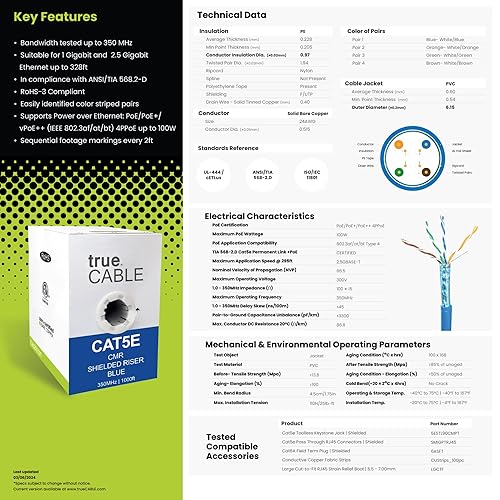 Miniatura 6 de trueCABLE - Elevador blindado Cat5e (CMR), 1000 pies, azul, 24 AWG cobre sólido desnudo, 350 MHz, PoE++ (4PPoE), listado ETL, escudo general de