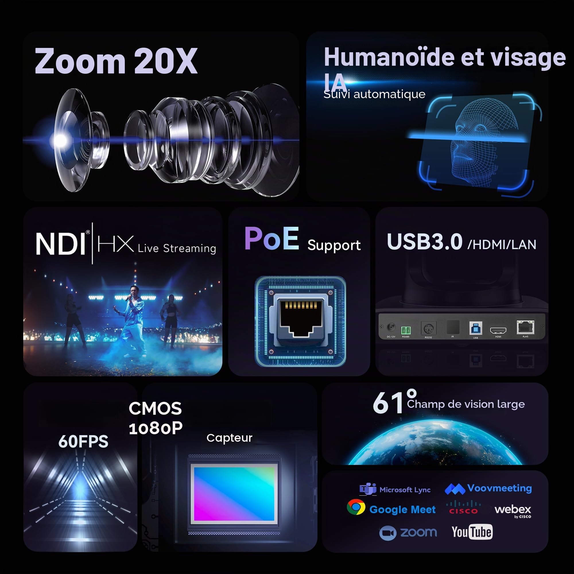 Tenveo Caméra PTZ NDI avec Suivi Automatique IA, Zoom Optique 20x, USB3.0/HDMI/LAN PoE, Camera PTZ IP 1080P 60FPS pour Streaming Live Église Visioconférence Diffusion Événements Youtube/OBS/vMix