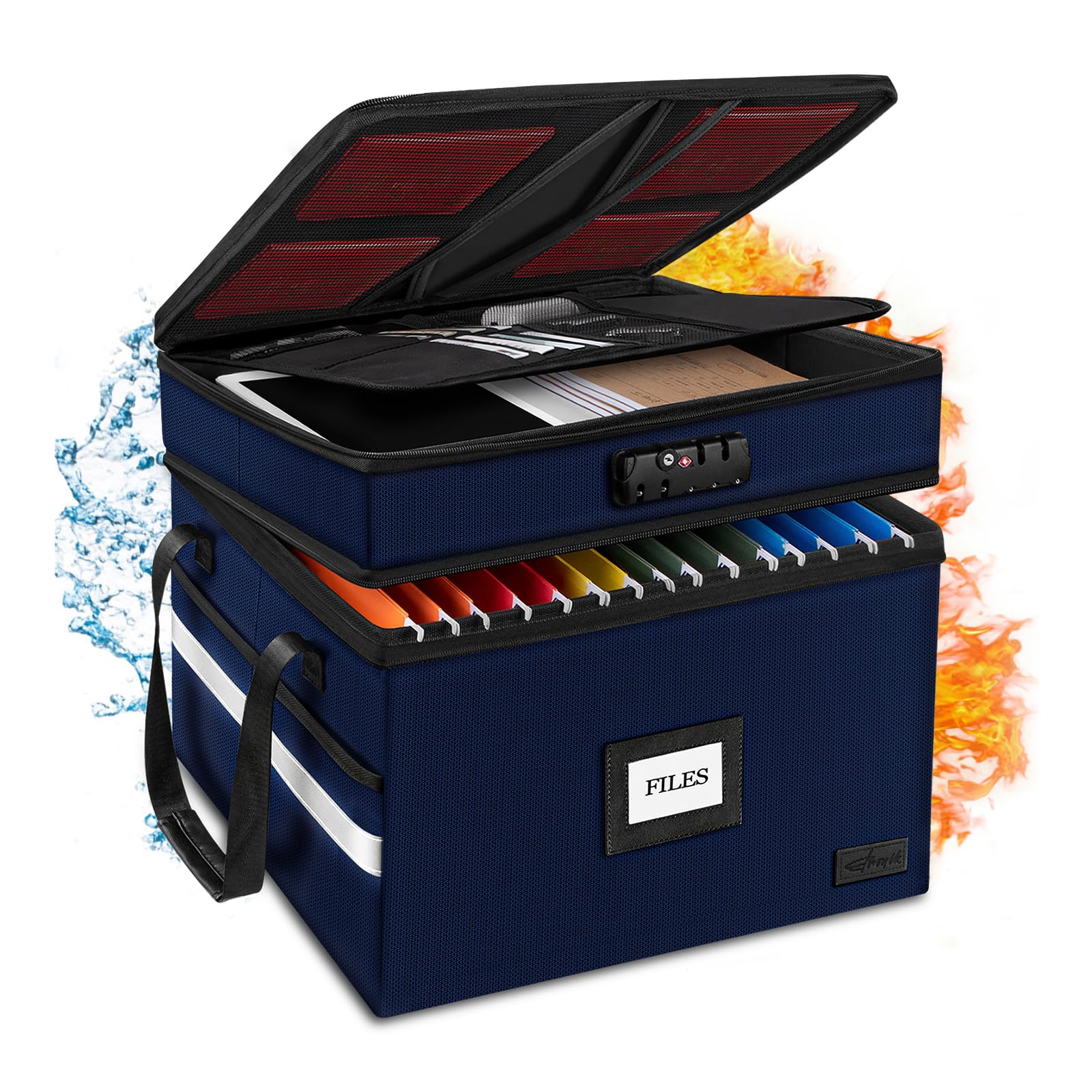 ETRONIK Fireproof Document Box with Lock, 2-Layer File Box Storage Organizer with 5 Tabs& Insert, Portable File Cabinet Storage Box with Handle for