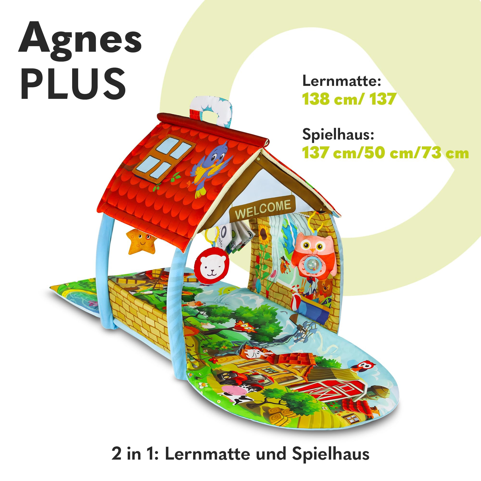 Lionelo Agnes Plus 2in1 Krabbeldecke für Baby, Spielmatte Baby, 2 Spielbögen, Spielhaus, Stoffbuch, Spielzeuge Bunte, Rasselkette, verstärkter Boden, kontrastreiche Farben
