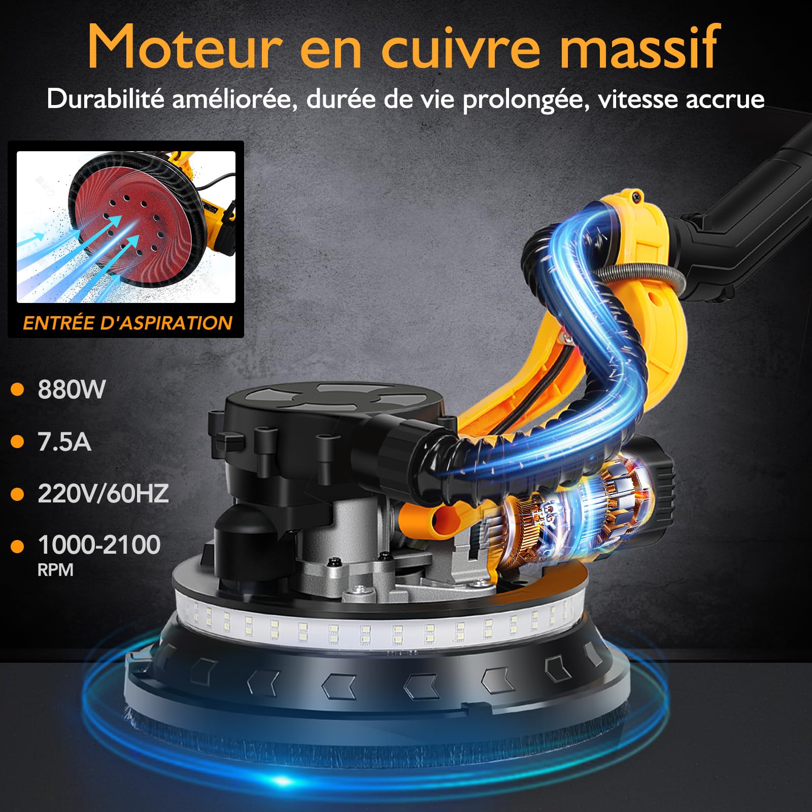 Ponceuse Girafe avec Système d'aspiration Automatique (880w), 5 vitesses,1000-2100rpm, Ponceuse Murale Électrique Pliable, avec lumière LED, Poignée Pliable et Sac d'aspiration