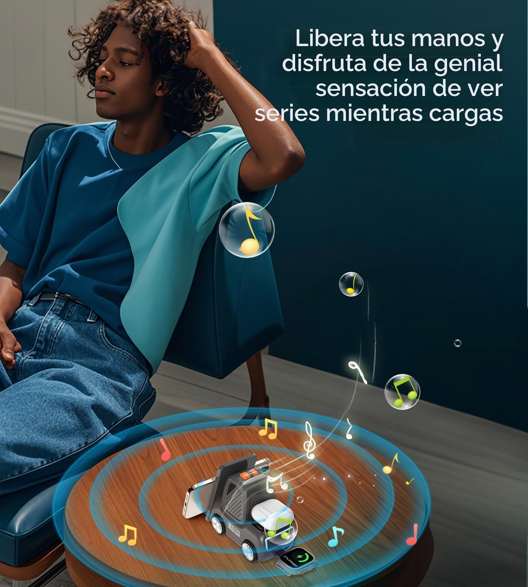 Estación de carga inalámbrica para montacargas con altavoz Bluetooth, cargador rápido inalámbrico 4 en 1 para múltiples dispositivos, compatible con iPhone 16 15 14 13 Pro Max Series, Apple iWatch