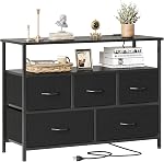 MUTUN 5 Drawer Dresser with Charging Station, White Fabric Dresser for Bedroom with Storage Shelf, Chest of Drawers, Console Table for Entryway Hallway, TV Stand for Living Room, Commode de Chambre