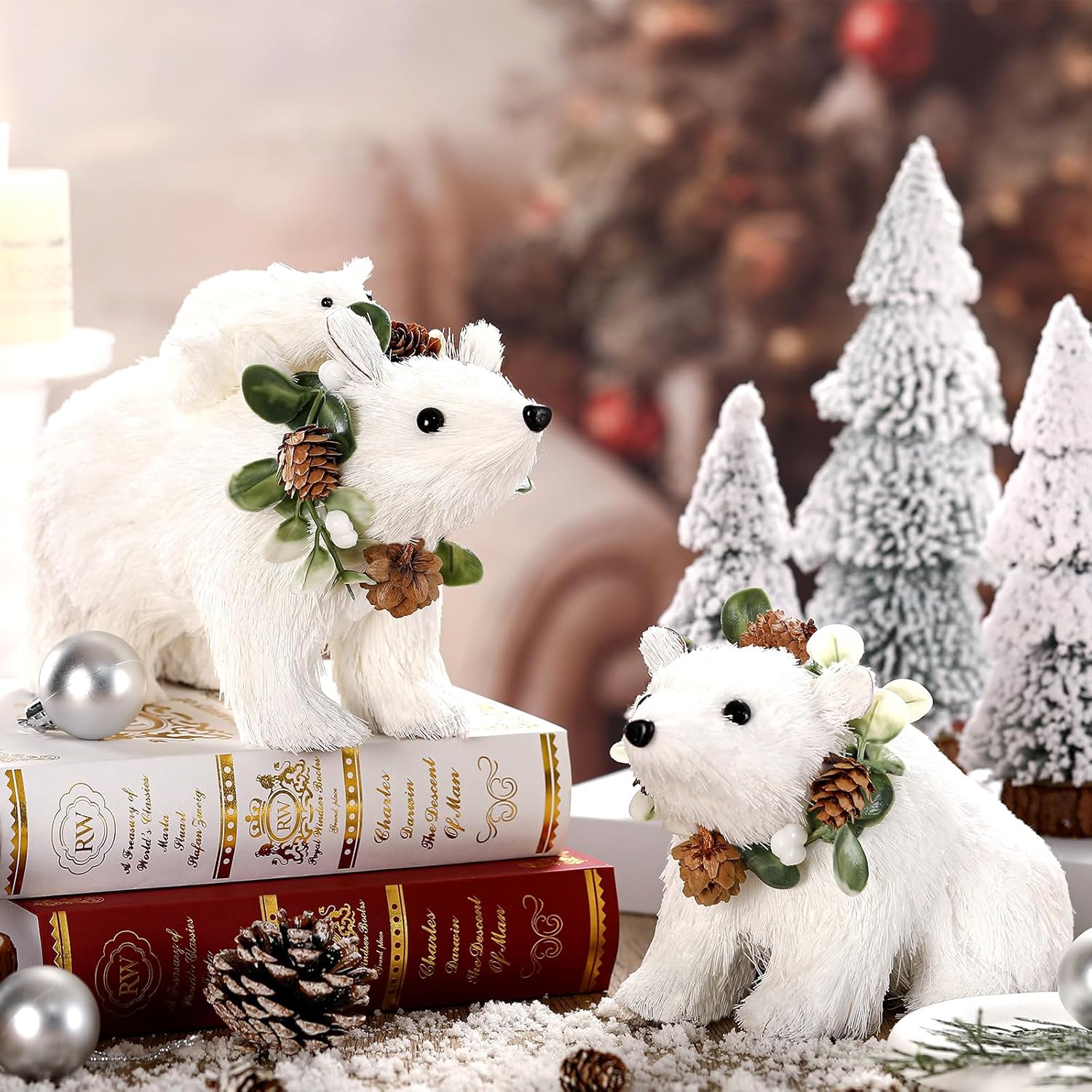 Vercraft 2 Pack Winter Christmas Sisal Polar Bear Table Decor, Polar Bear Figurines, Home Office Forest Animals Decor, Country Tabletop Christmas Decoration, Seasonal Gift