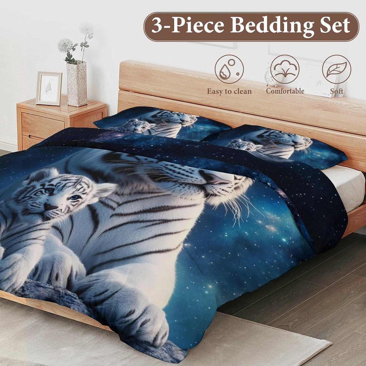 Delerain Comforter Cover Set Queen Size, White Tiger and Cub Tiger 3-Piece Bedding Set for Women Men Modern Soft Microfiber Bedroom Set Room Decor, 1 Duvet Cover + 2 Pillowcases image 4