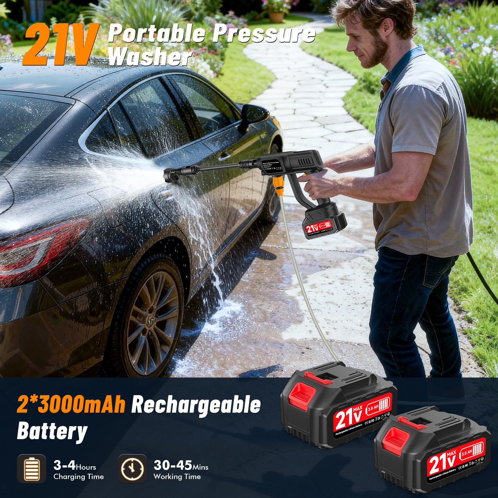 Pistola de Agua a presión, hidrolimpiadora bateria de 21V 120Bar, hidrolimpiadora con 2 baterías, Boquilla multifunción 6 en 1, Manguera de 5 m, depósito con Filtro, para Coche y Patio