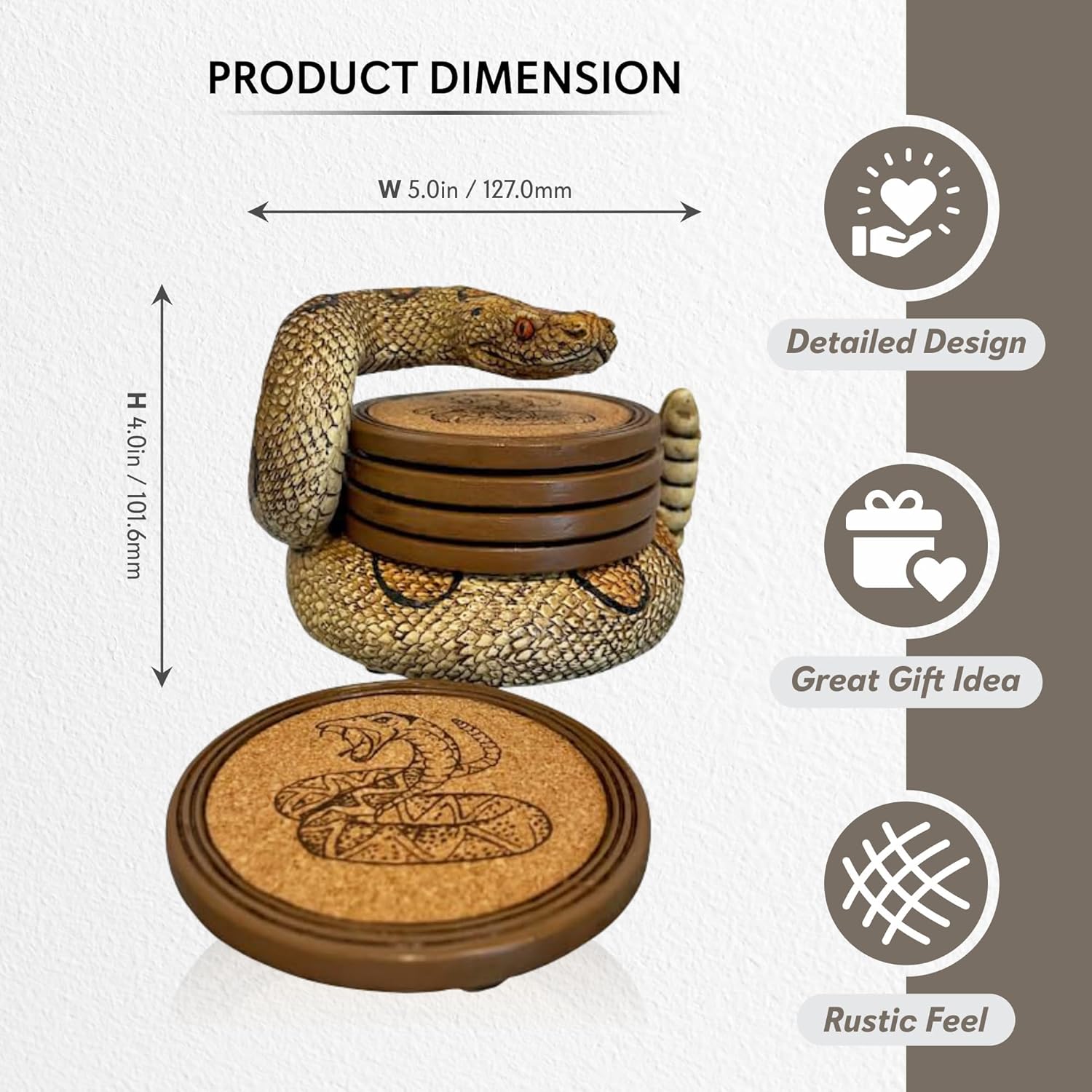 Pine Ridge Snake Coaster Set - Snake Drink Coasters, Unique Bar Decor and Accessories, Home Decorations for Dining Room or Home Bar - Modern Coaster Set with Holder for Man Cave