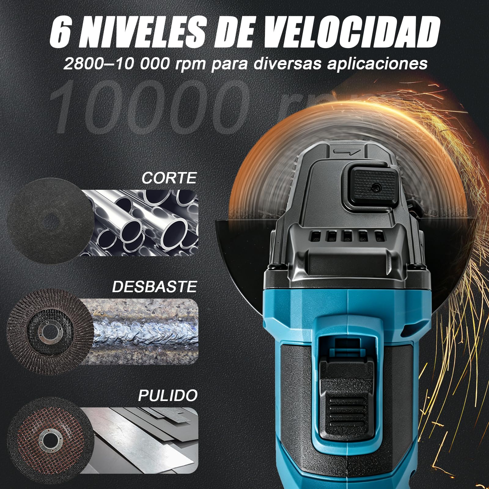 YEARTOP Amoladora angular con batería, 125 mm, 21 V, sin escobillas, con 2 baterías de 4,0 Ah, modo automático y 6 velocidades variables (máx. 10000 rpm), pantalla LED, husillo M14, desconectar y