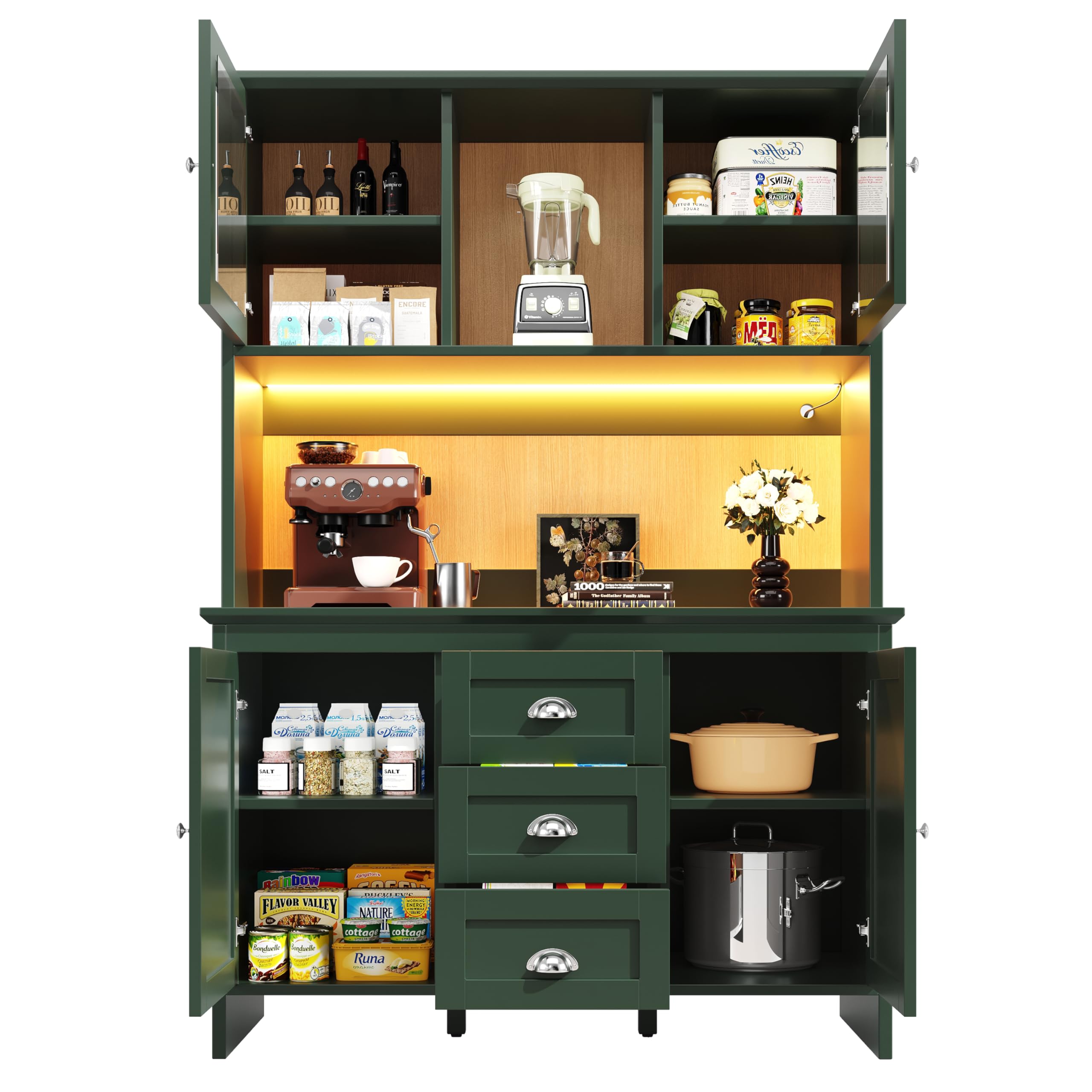 Armadio a buffet, alto da cucina, credenze, con ante in vetro marrone e illuminazione a LED, 4 ante e 3 cassetti, per cucina, sala da pranzo, 120 x 40 x 179 cm (verde)
