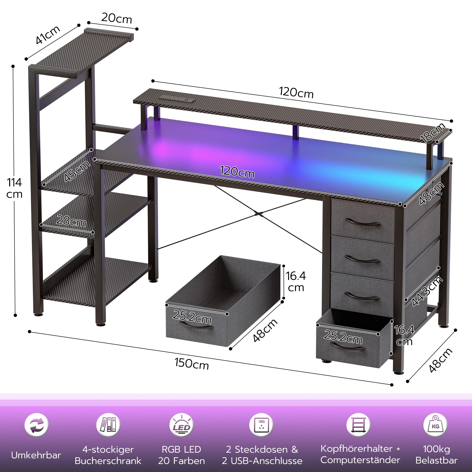 APICIZON Gaming Schreibtisch 150cm mit Bucherschrank - Umkehrbarer Computertisch mit RGB LED-Beleuchtung, 2 USB-Anschlüssen, Kopfhorerhalter & Becherhalter, Carbon-Optik Schwarz