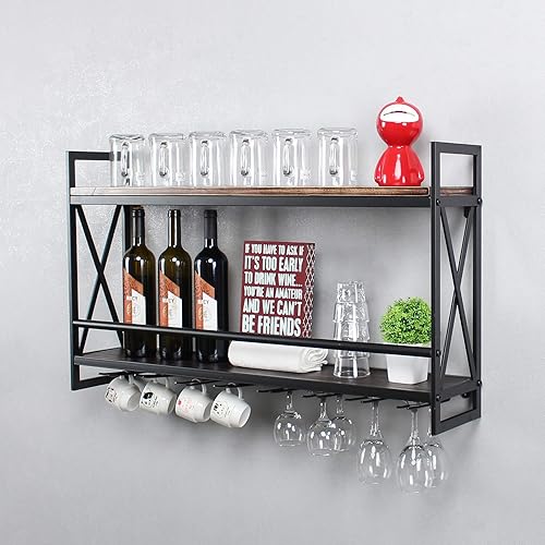 Miniatura 6 de MBQQ Estantes de vino rústicos montados en la pared con soporte de vidrio de 8 vástagos, estante de vino industrial de metal colgante de 36