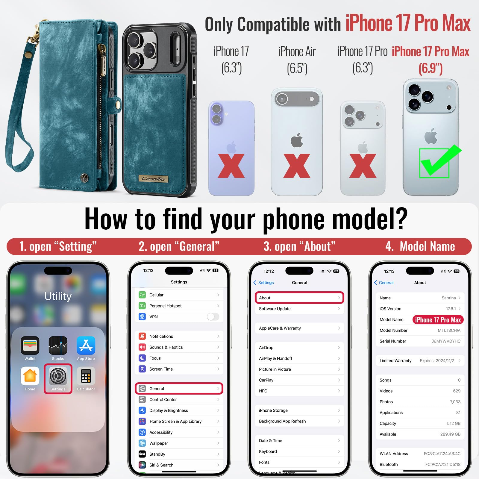 Funda Cartera Magnética Desmontable de Piel para iPhone 17 Pro MAX - Antigolpes y Multifunción con Soporte, Ranuras para Tarjetas, Carga Inalámbrica y Correa Extraíble, Azul