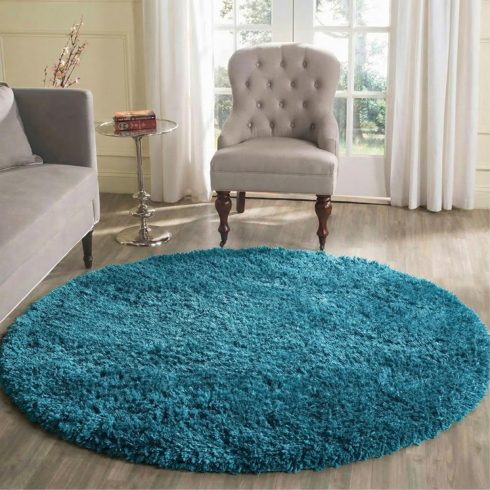 Tapis à poils longs pour réchauffer un sol froid tapis rond turquoise moderne 120cm