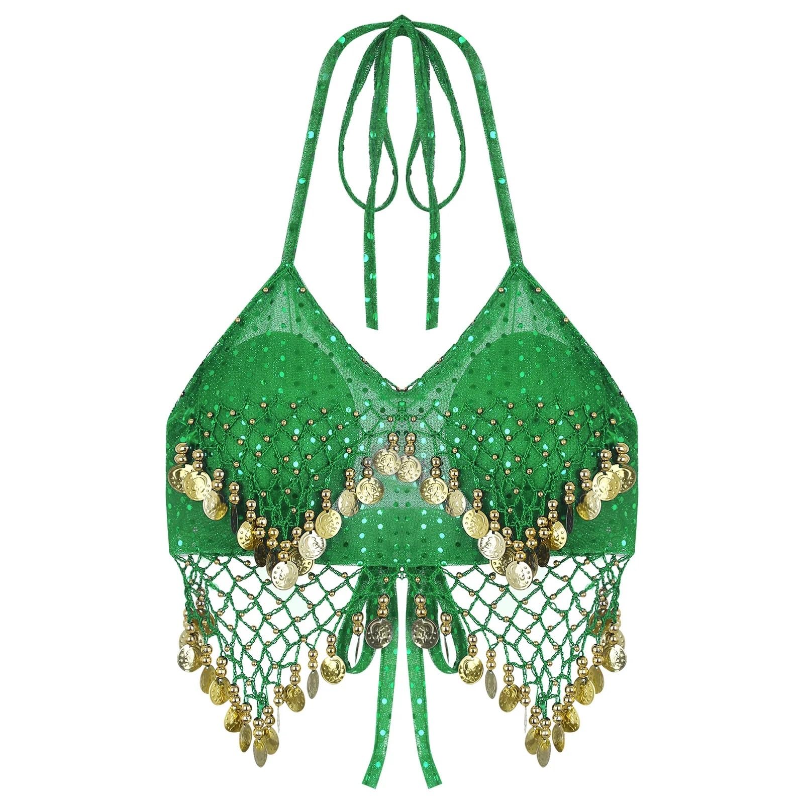 ZWCSHUU Sexy Women Beaded Sequins Belly Dance Costumes Bra Professional Belly Dancer Outfits Stage Performance Carnival Tops BRA Belly Dancer Top(Green)