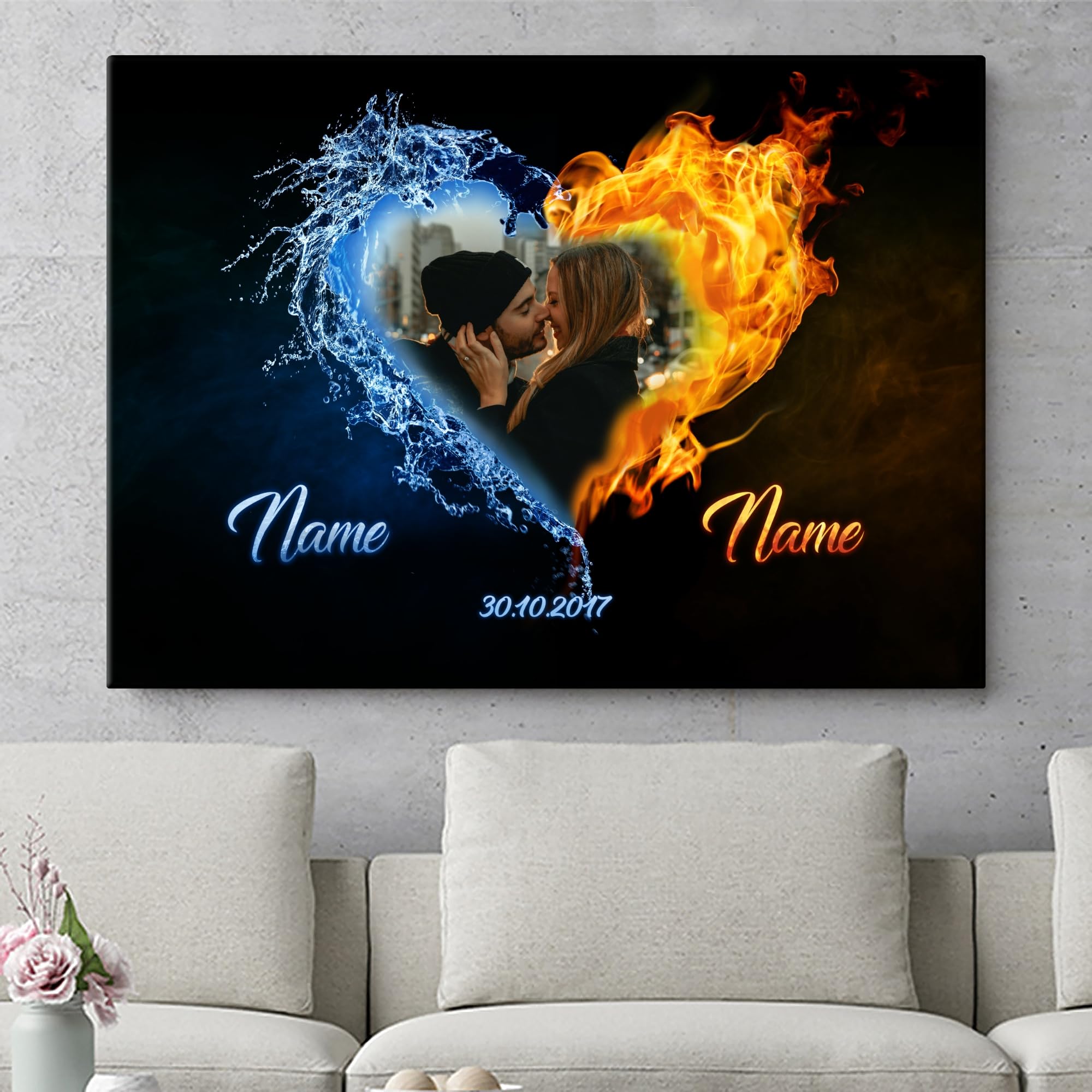 Liebesleinwand Personalisiertes Fotogeschenk für Partner Geschenk Jahrestag, Verlobung, Hochzeitstag | Leinwandbild mit eigenem Foto romantisch gestalten | Elemente der Liebe