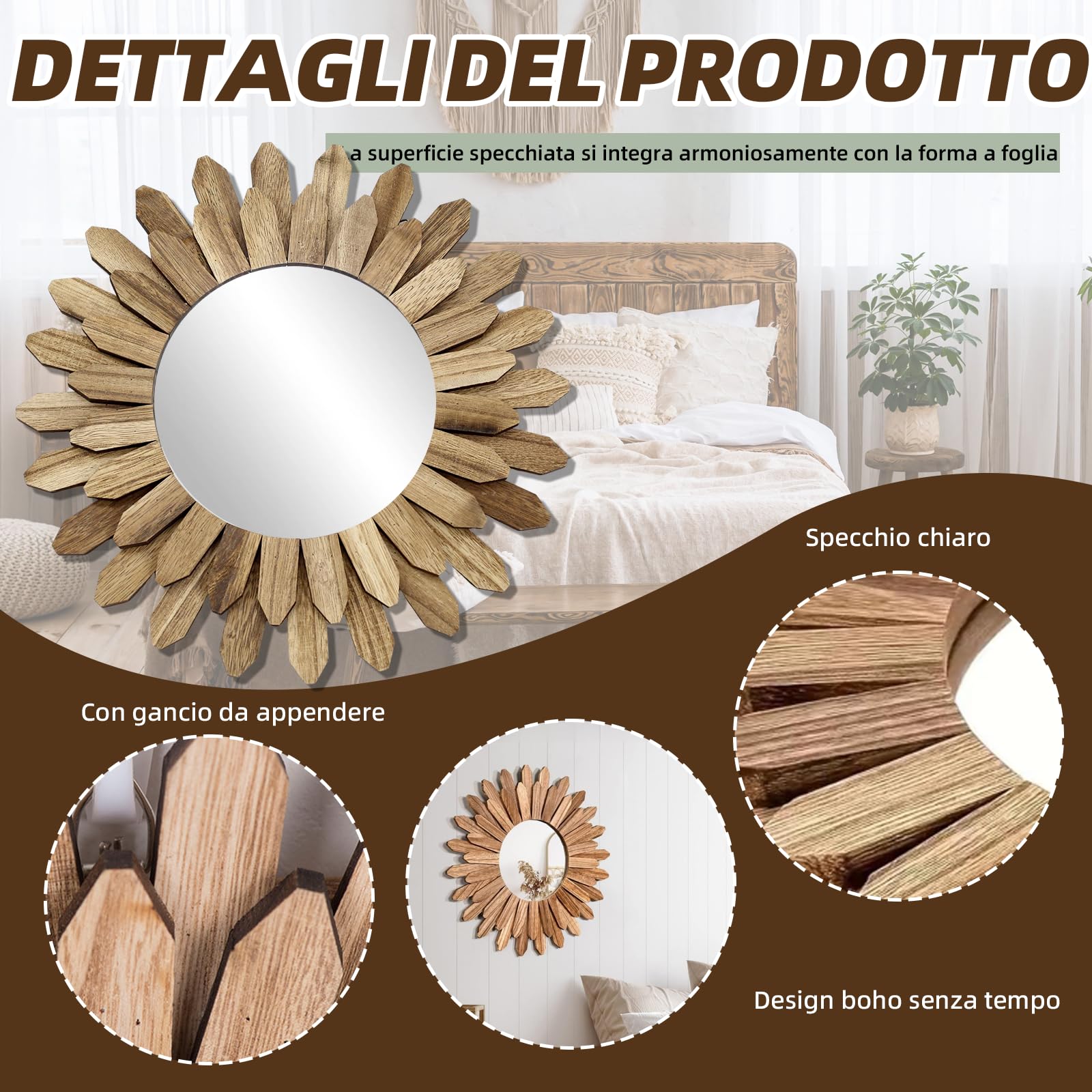 Specchio da Parete Bohemian, 30 cm di Diametro, Design Sunburst Rustico in Marrone, Specchio Decorativo con Effetto Legno per Soggiorno, Camera da Letto, Corridoio, Decorazione Boho e Parete
