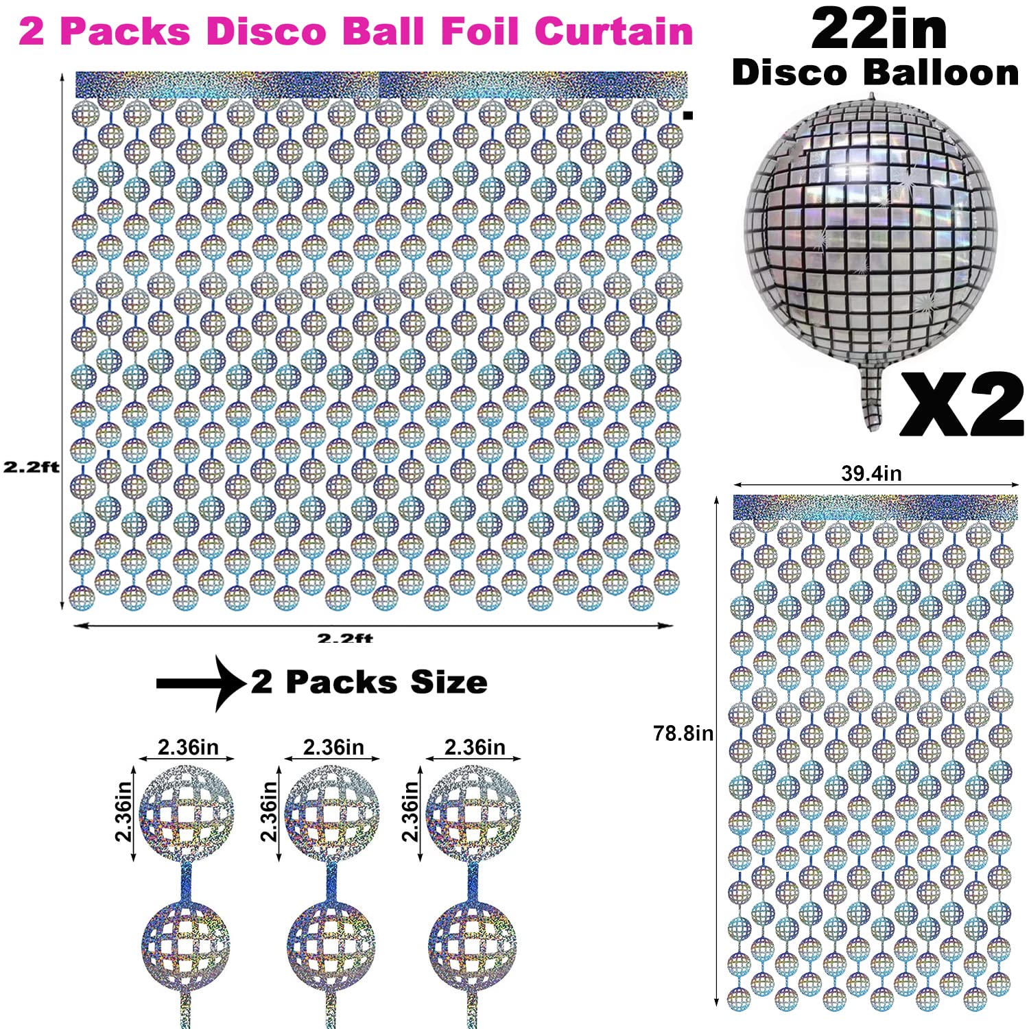Disco Party Backdrop Decorations Include 2Pcs Disco Ball Foil Curtain and 2Pcs Disco Ball Balloons for 70s 80s Disco Themed Birthday New Year's Party Decor Supplies