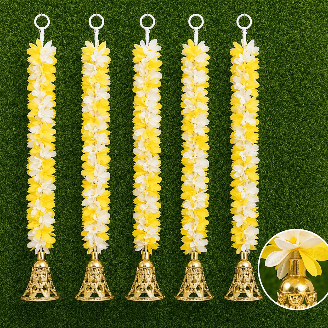 Rajasthan Kraft Artificial Jasmine Flower Hanging with Golden Bell | Pack of 5 | 15 Inch Yellow Jasmine Garland for Home Decor, Diwali, Pooja Room, Housewarming, Wedding & Festival Decoration