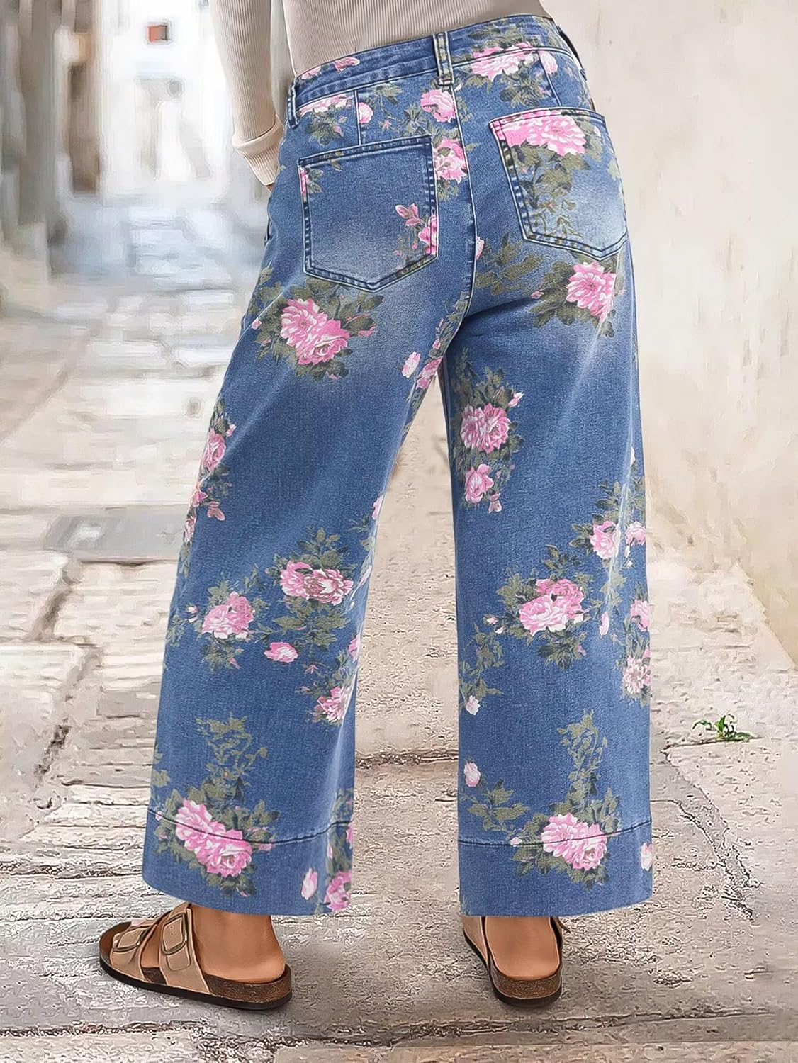 Flamingals Floral Print Wide Leg Cropped Pants for Women Trendy Mid Rise Boho Ankle Cute Jeans