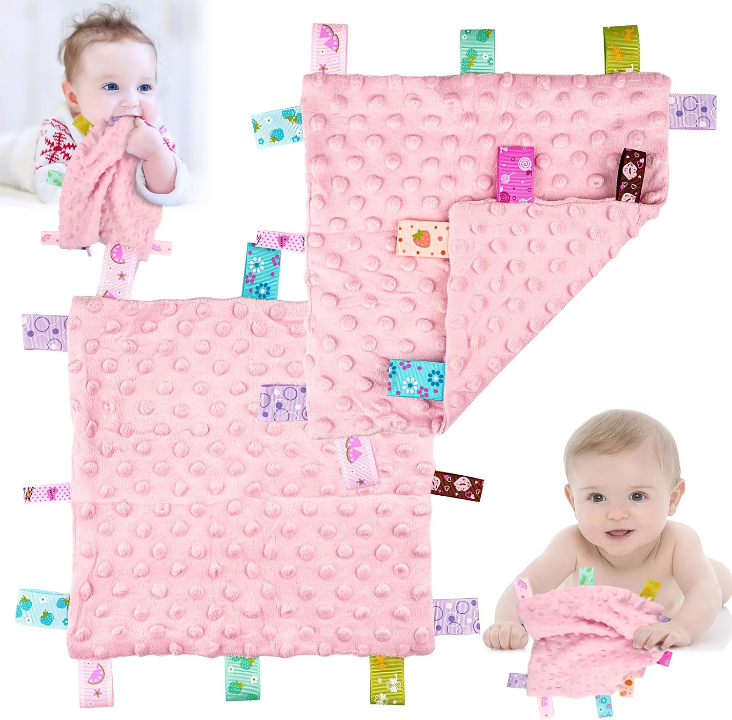 Deepton 2 Pcs Taggies for Babies, 25 x 25 CM Taggy Blanket, Cotton Baby