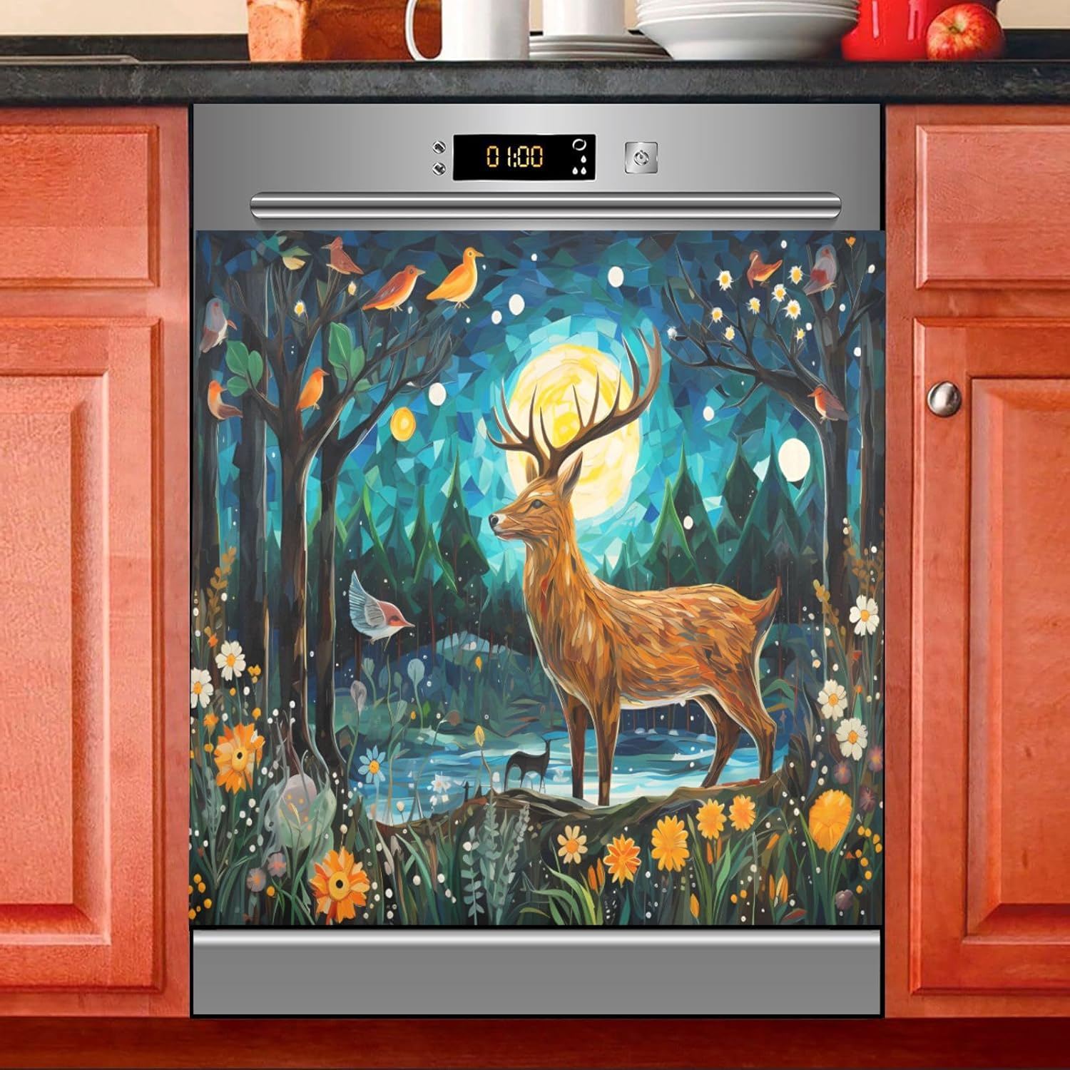 Deer Bird Dishwasher Magnet Cover Sticker Magnetic Refrigerator Panel Front Door Fridge Microwave Decal