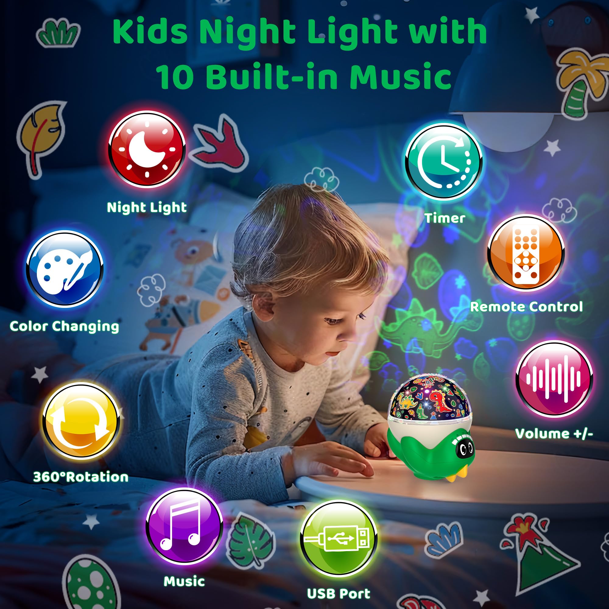 Proyector de luz nocturna de dinosaurio para habitación de niños, lámpara de dinosaurio con 10 música relajante y temporizador, control remoto, efecto de proyección colorido, alto brillo, regalos de