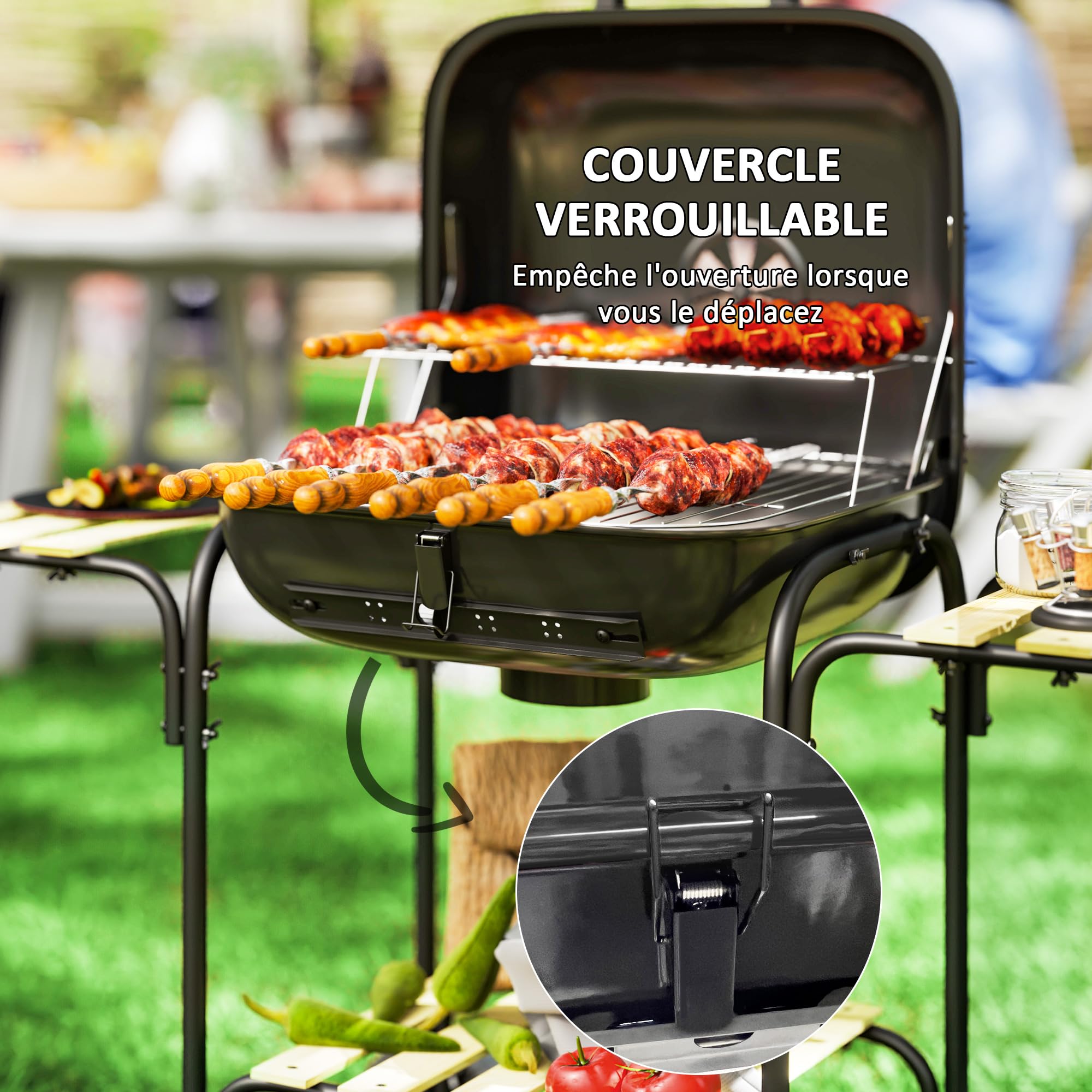 Outsunny Grill na węgiel drzewny, wózek do grillowania o powierzchni 1840 cm², przenośny grill wędzarniczy z pokrywką, rusztem, półkami i kółkami, na piknik, kemping, czarny