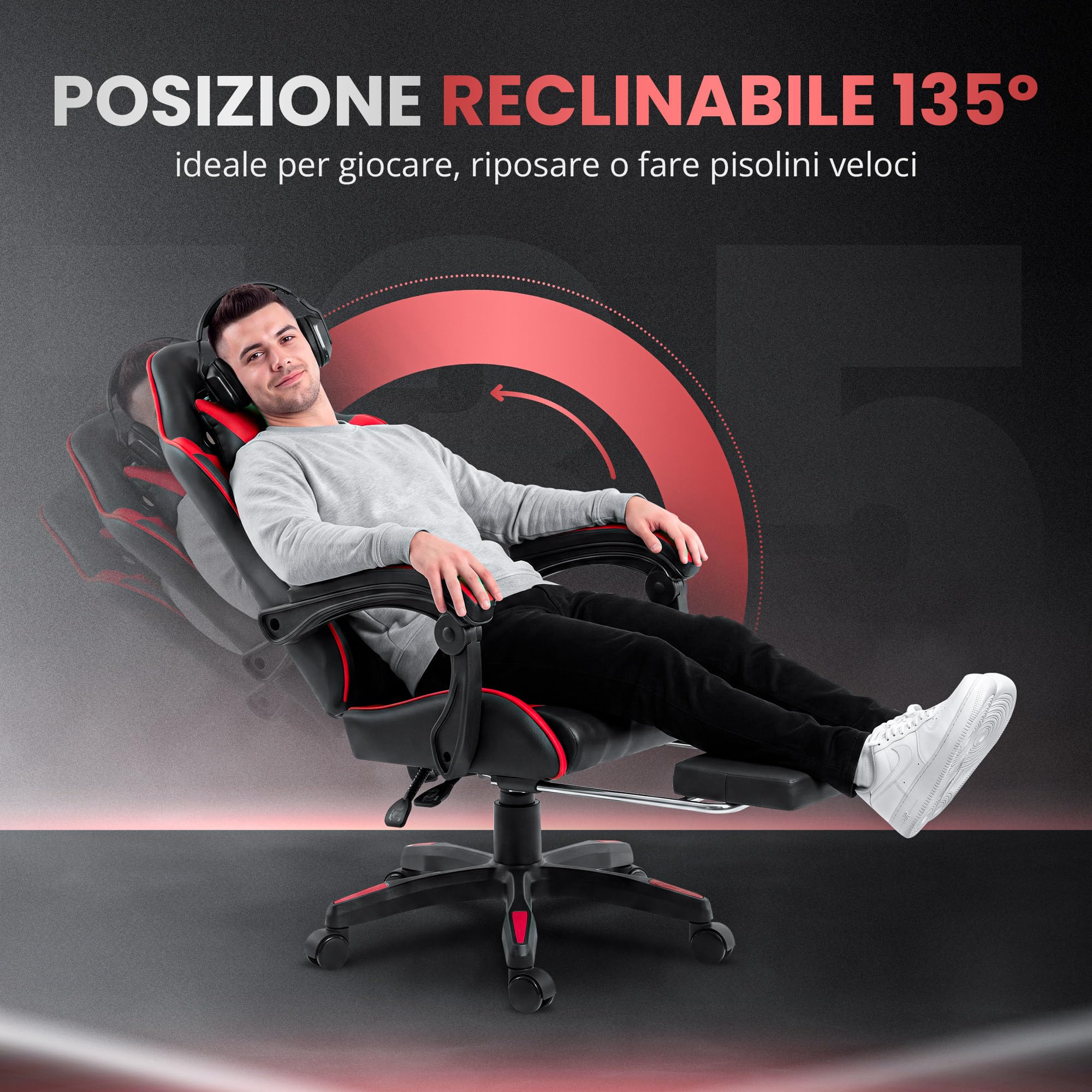 JUPPLIES Sedia da Gaming con Poggiapiedi Estensibile e Massaggiatore Lombare | Poltrona Gaming Reclinabile fino a 135° e Regolabile in Altezza | Sedia da Ufficio Ergonomica con Braccioli Imbottiti