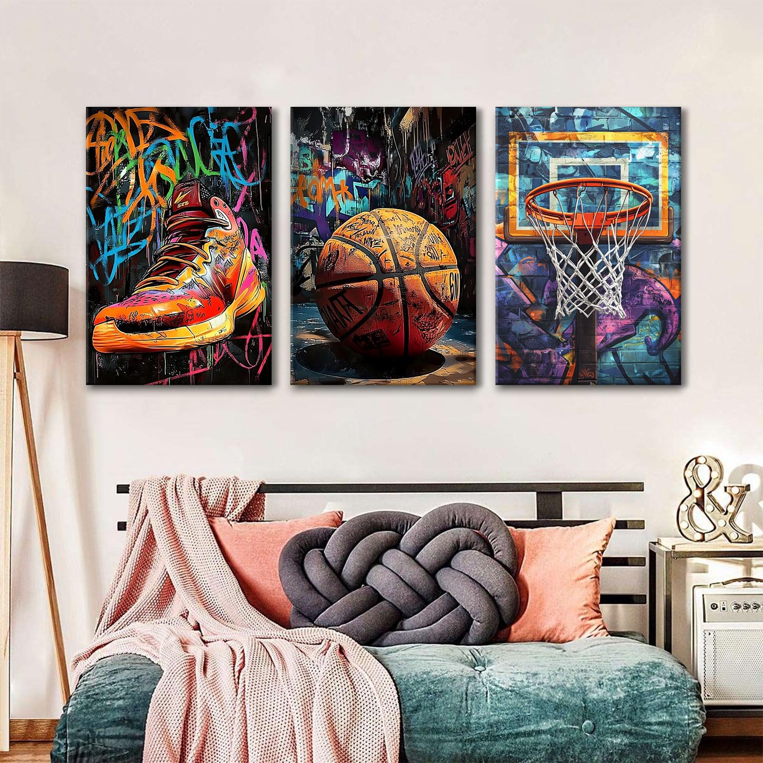 Pallacanestro Decorazione da parete Street Graffiti Nba Poster Scarpe Campo da basket Stampe su tela Astratte Moda Opere d'arte per Wall Ball Star Adolescenti Sala giochi Aula Accessori per la