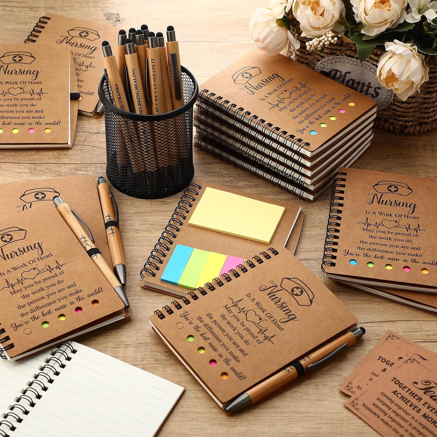 MotiMind 80 Sets Nurse Week Gifts Bulk 2026 Nurse Appreciation Gifts Thank You Notebooks and Bamboo Pens Inspirational Spiral Notebook with Sticky Note for Medical Assistant Coworkers