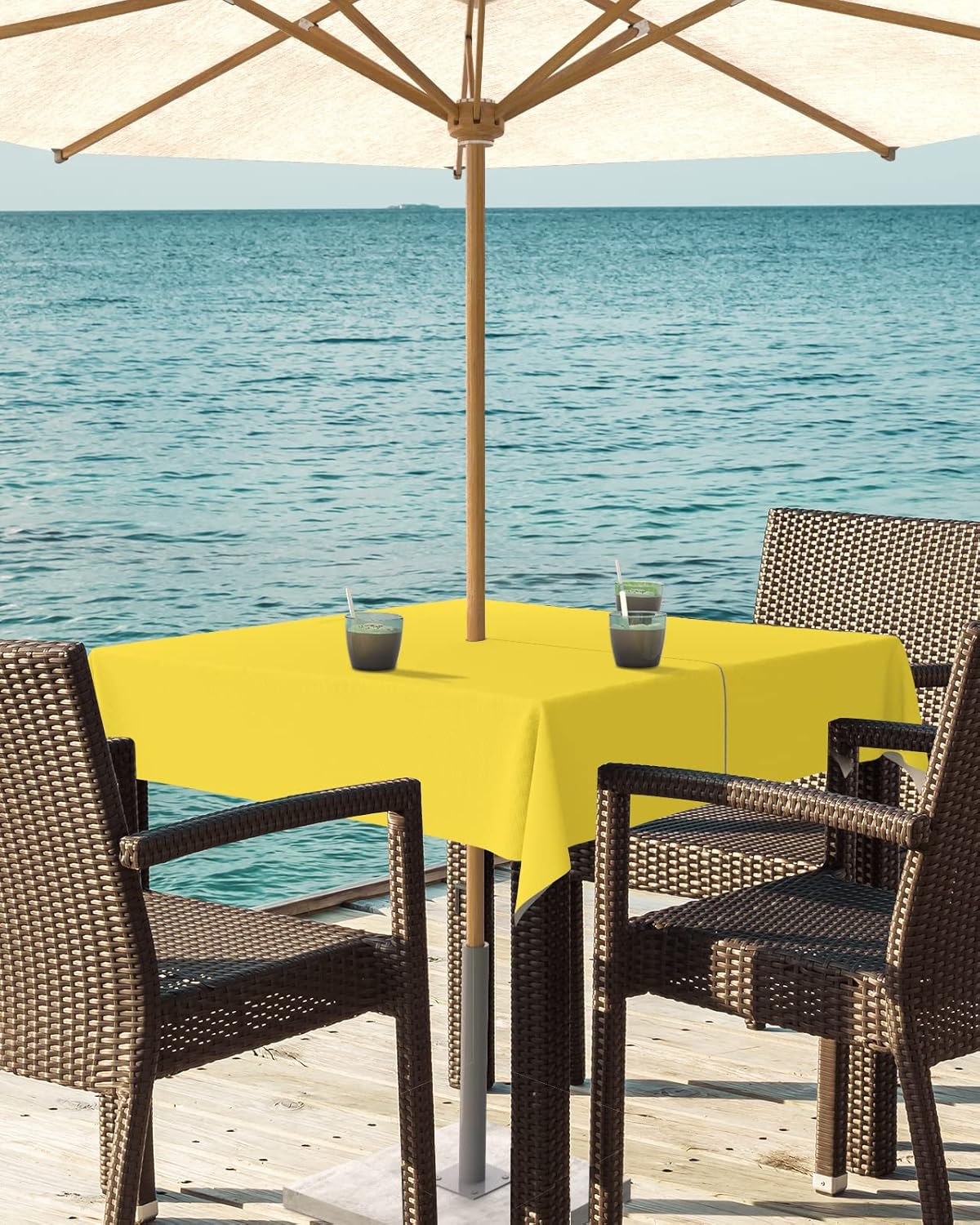 Spillproof Fabric Outdoor Tablecloth with Umbrella Hole,Yellow Zippered Table Cloth for Square Tables, Picnic/Patio 54"x54" Square with Umbrella Hole